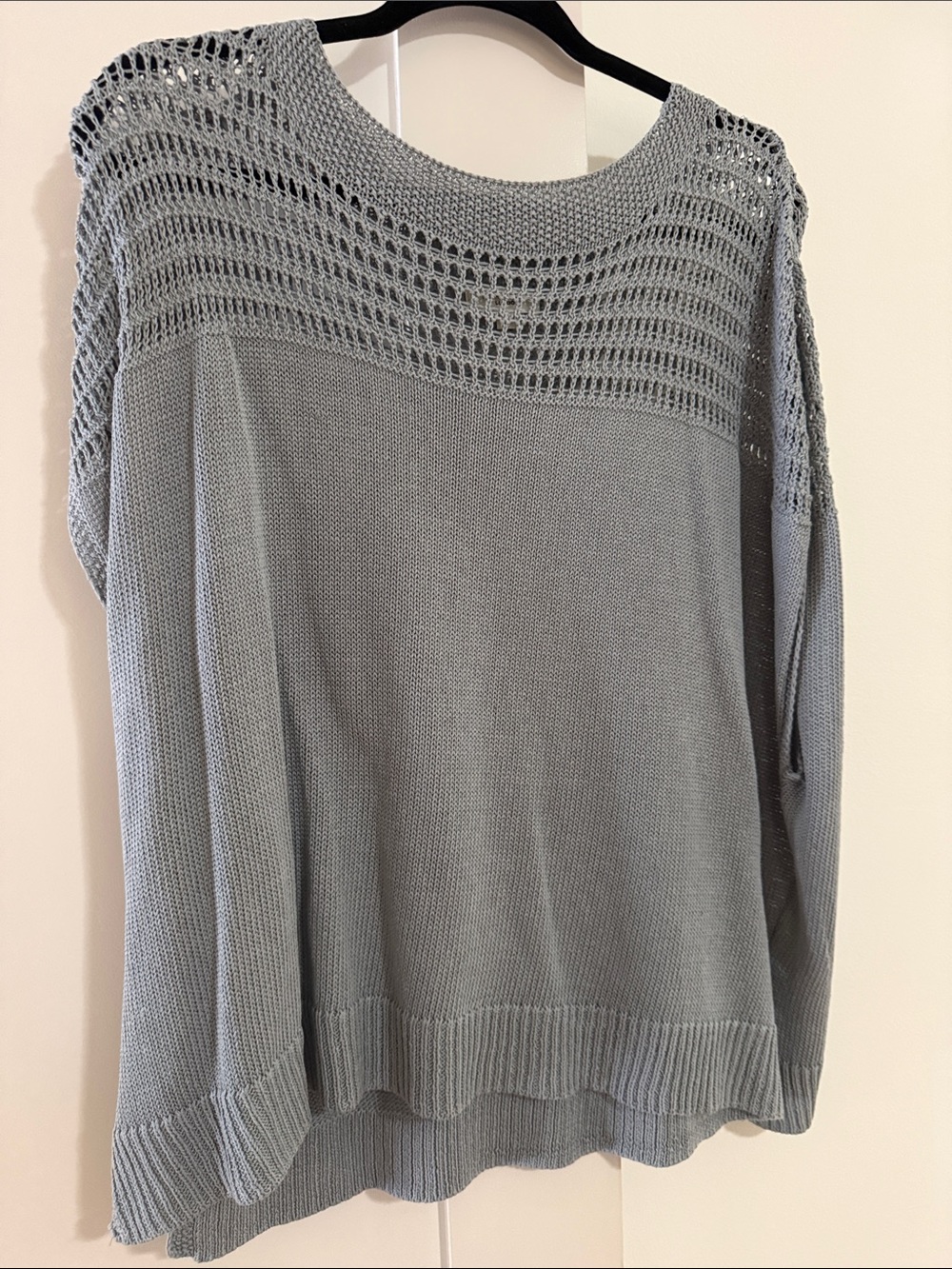 Max Studio Light Slate Open-Knit Yoke Crewneck Sweater